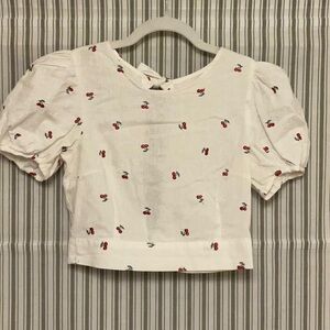 Linen Blend Cherry Embroidered Puff Sleeve Crop Top